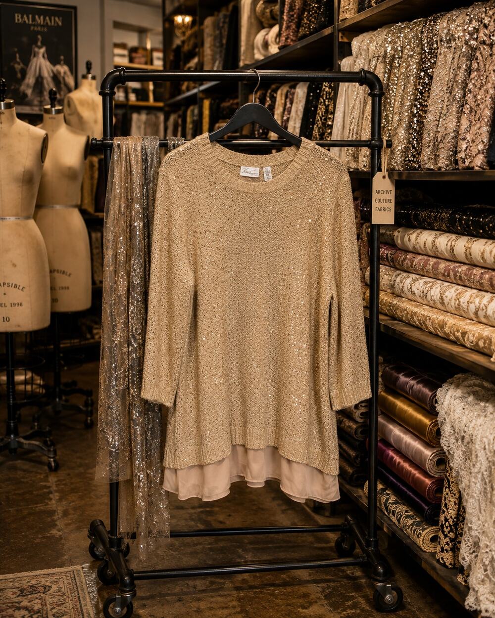 Kim Rogers Gold Sequin Knit Sweater Tunic Women's XL Layered Hem Sparkle